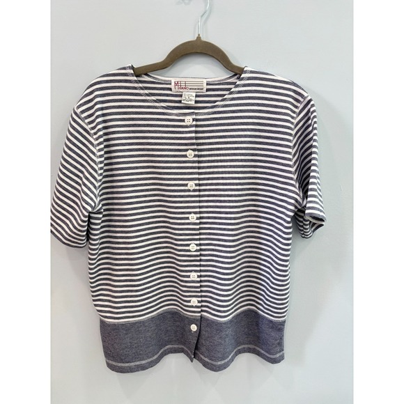 Milano Design Group Medium Striped Button Front Top Cotton Blend Blue - Picture 5 of 9